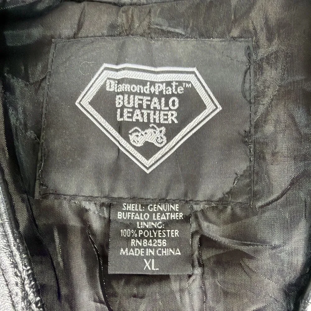 DIAMOND PLATE BUFFALO LEATHER BLACK BUTTON UP BIKER VEST WITH PATCHES XL
